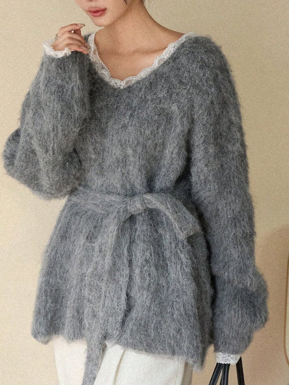 Grey Casual Women's V-Neck Long Sleeve Loose Fuzzy Sweater - Picture 8 of 9